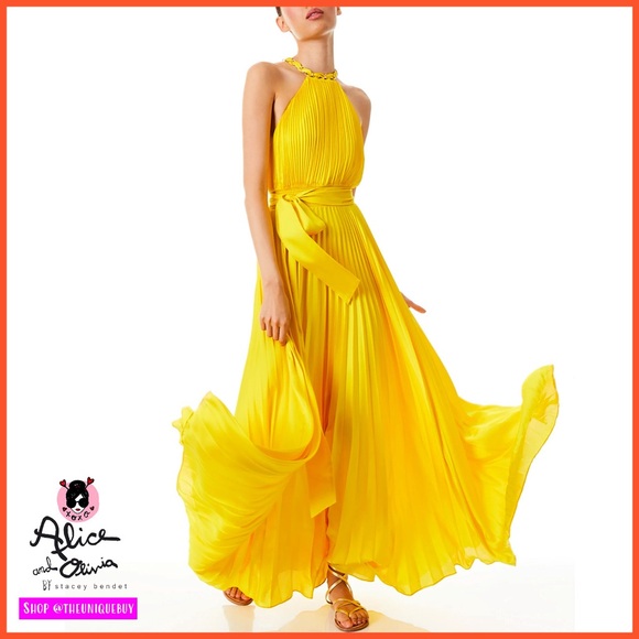 Alice + Olivia Alycia Yellow Chain Neck Belted Pleated Maxi Dress Alice + Olivia Alycia Yellow Chain Neck Belted Pleated Maxi Dress